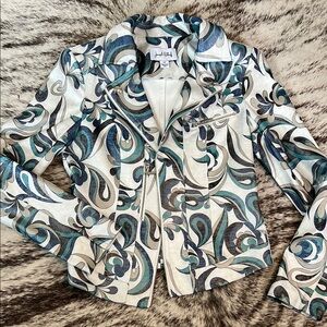 Joseph Ribkoff Blue and Gray Leather Jacket with Artistic Swirl Design